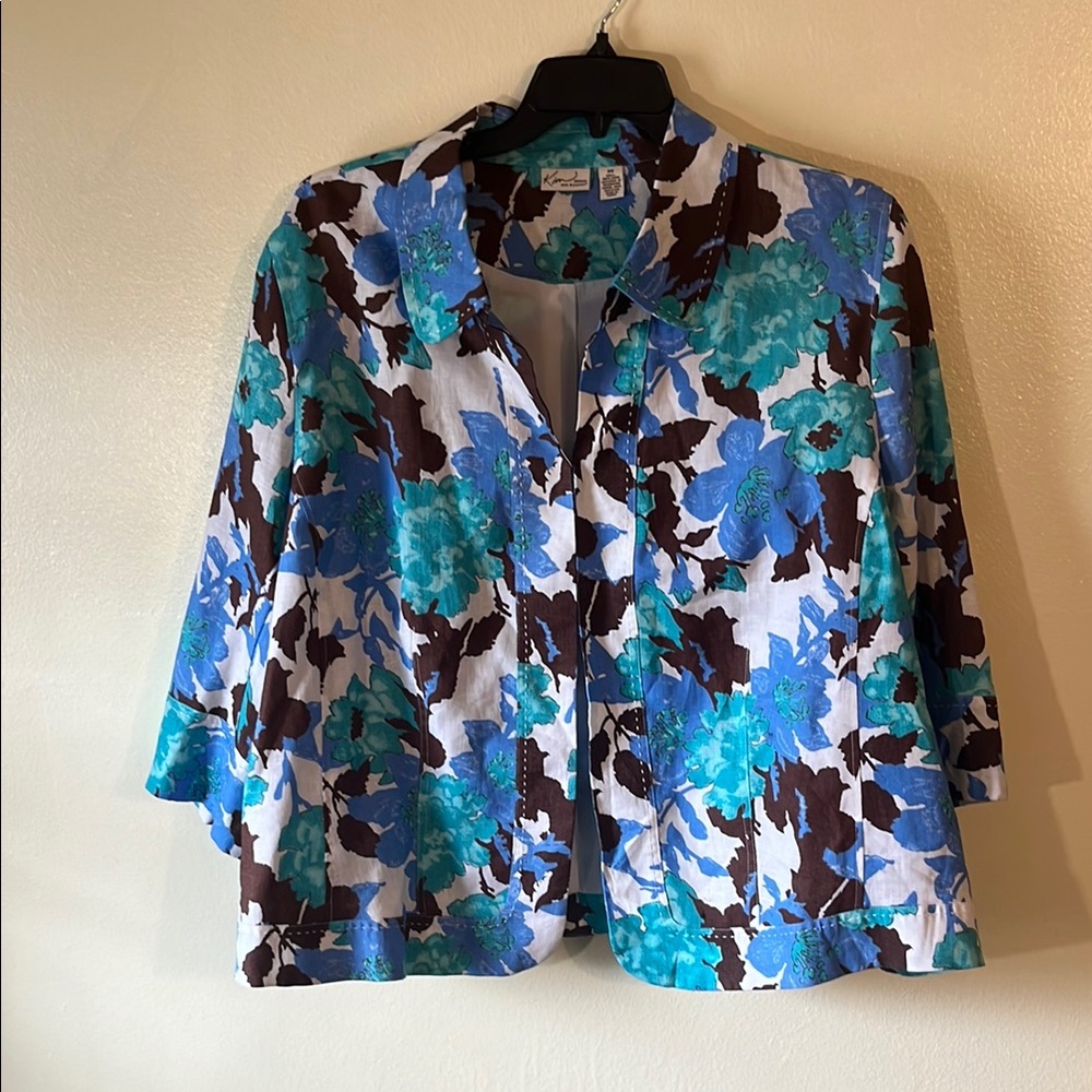 💥3 FOR $13!💥 Kim Rogers | Linen Floral Blazer | 3X | Blue and Brown